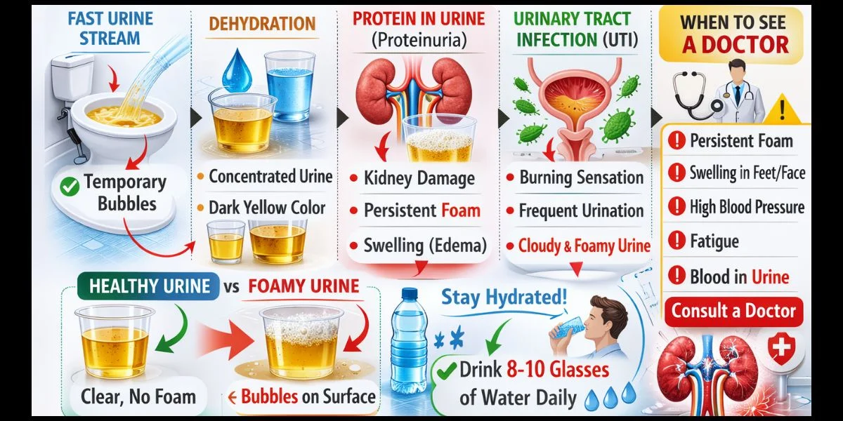 Foamy urine infographic explaining causes like fast urine stream, dehydration, protein in urine, urinary tract infection, and when to see a doctor.