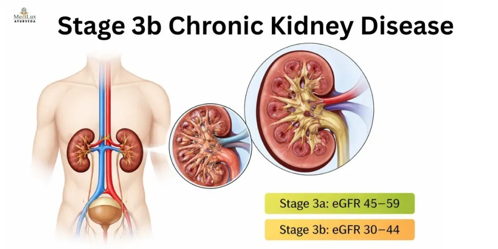 Stage 3b chronic kidney disease is a moderate to severe reduction in kidney function where eGFR falls between 30 and 44 mL/min/1.73m².